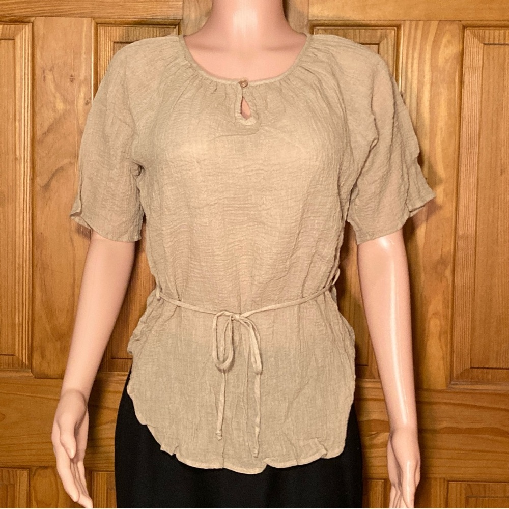 NWOT Haband Vintage 80s 90s Top Tie Waist Short Sleeve Blouse Tan Size M Medium